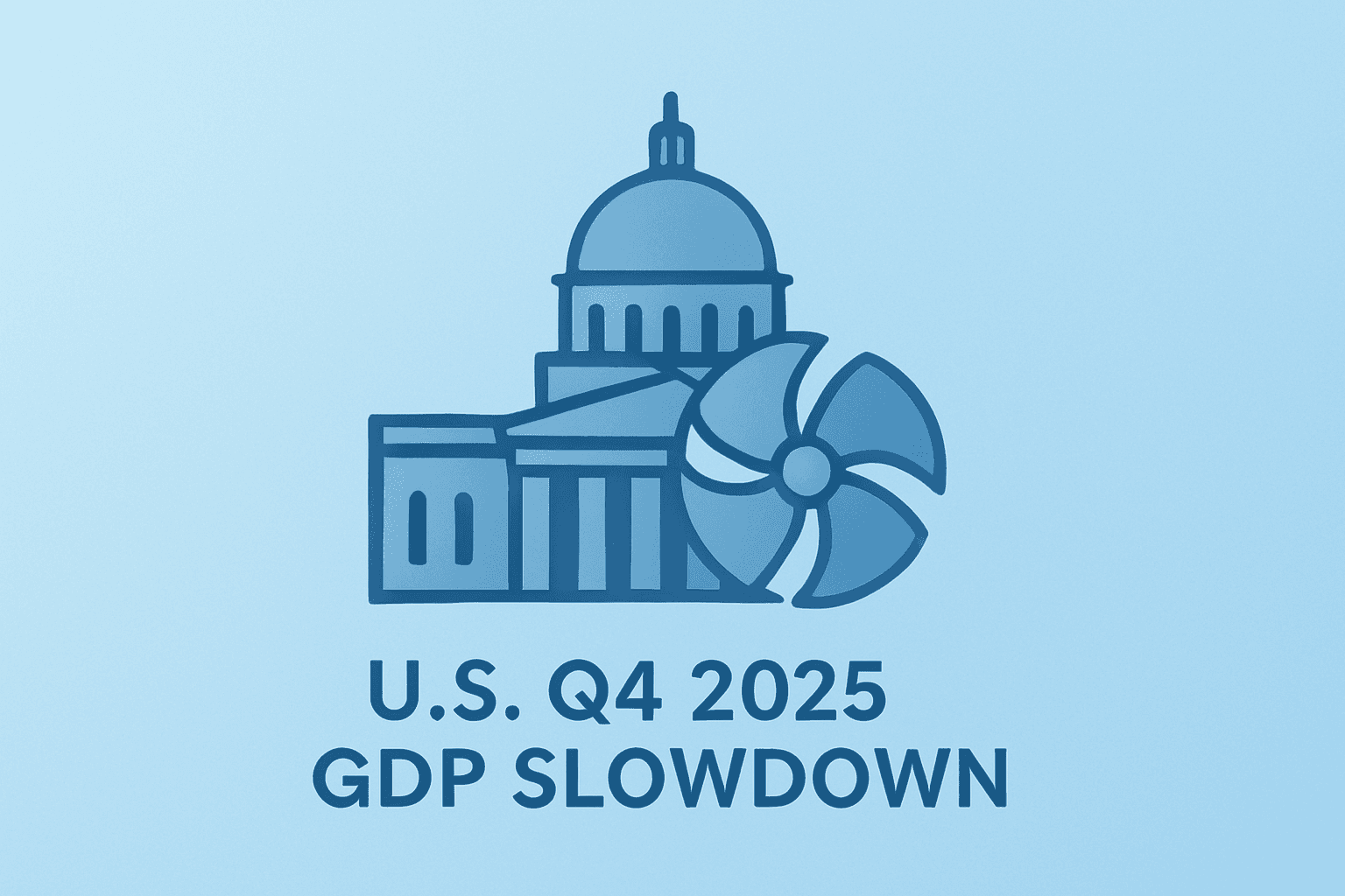 Flat vector of a dimmed federal building and slowing turbine symbolizing U.S. Q4 2025 GDP slowdown after the shutdown.