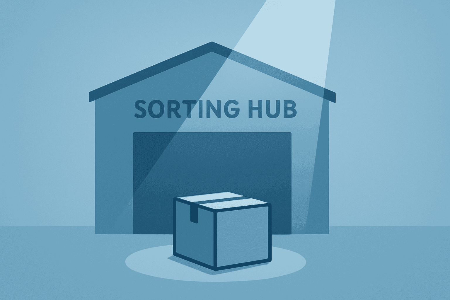 Centered flat vector sorting hub under a dimming spotlight symbolizing FedEx earnings guidance miss and margin focus.