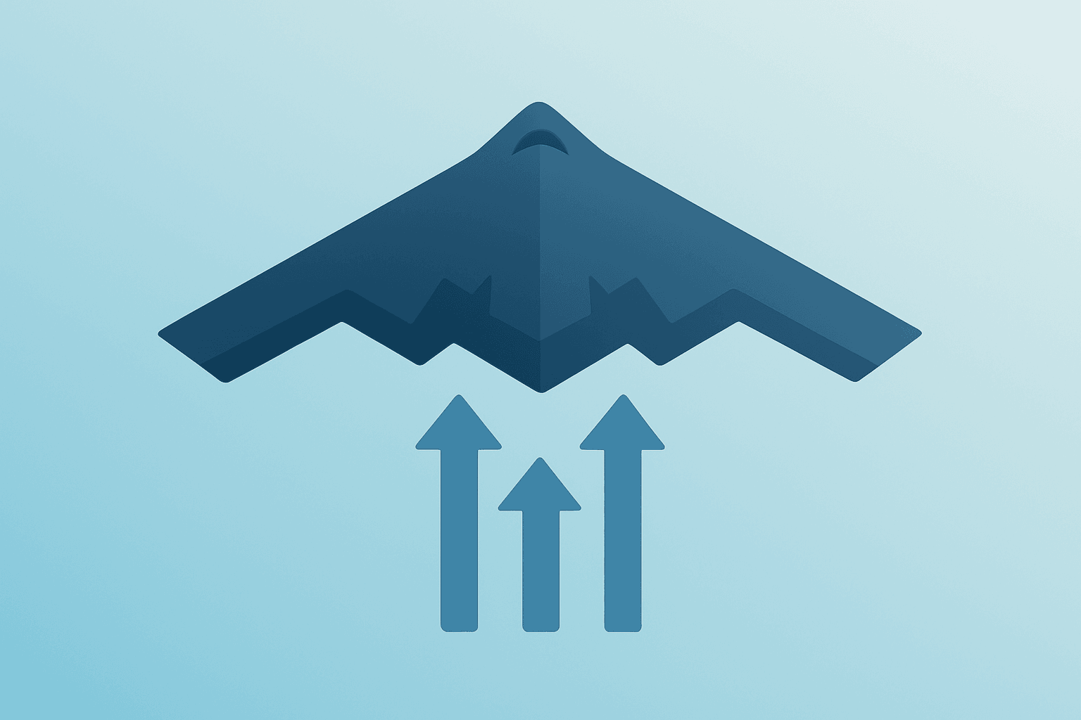 Flat vector of a stealth bomber fuselage swelling to symbolize backlog growth and Northrop Grumman earnings lift.