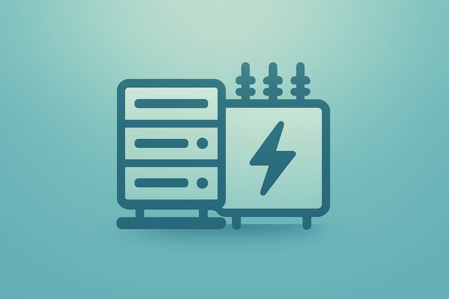 Flat filled vector of a server merged with a power grid motif to represent Microsoft data center costs and utility impact