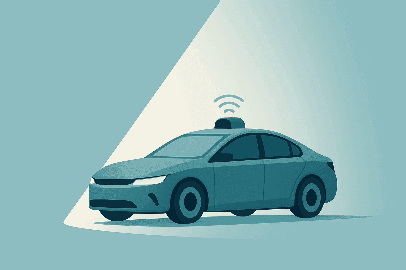 Flat-vector robotaxi sedan beneath a regulatory spotlight representing Tesla Q3 2026 earnings focus on margins and capex.