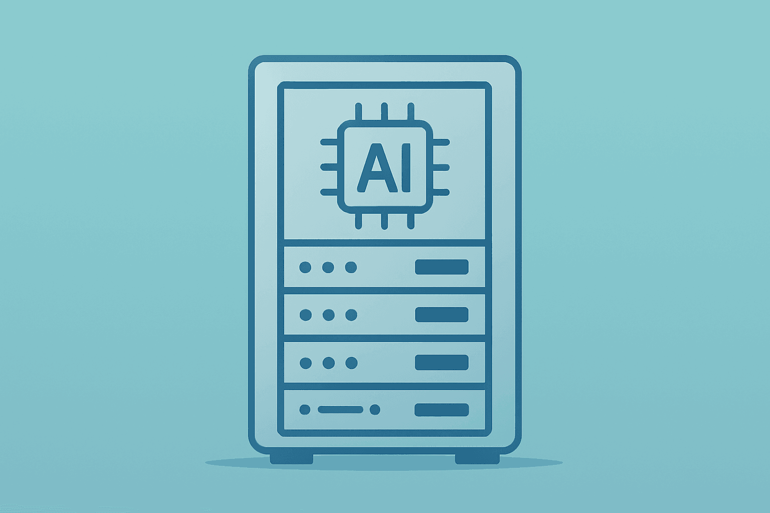 Flat filled vector of a server rack fused with an AI chip to illustrate Amazon Trainium chips entering external sales.