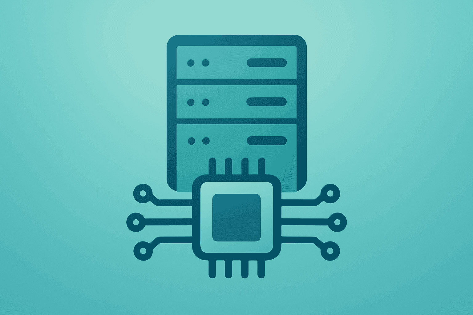 Flat vector of a server rack fused with an expanding chip circuit symbolizing AMD stock AI data center momentum.