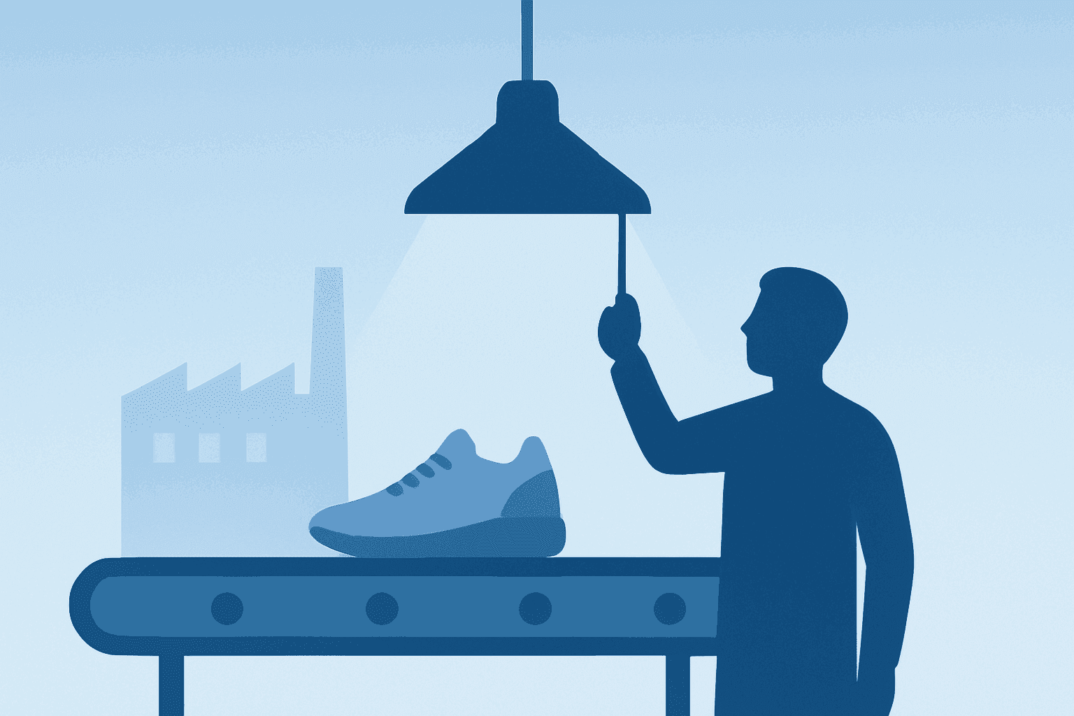 Flat-vector sneaker factory dimming assembly line to symbolize Nike layoffs and technology-team reductions under Win Now.