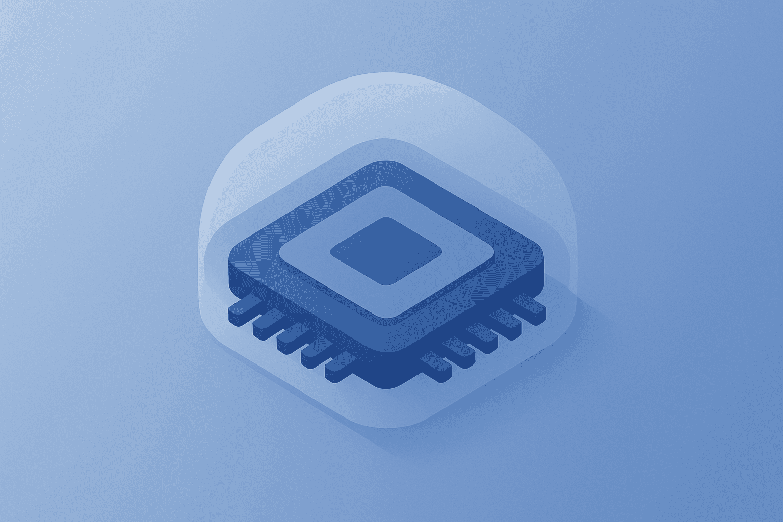 Flat vector of a dimming semiconductor chip core representing the AI stock selloff and slowed accelerator demand.