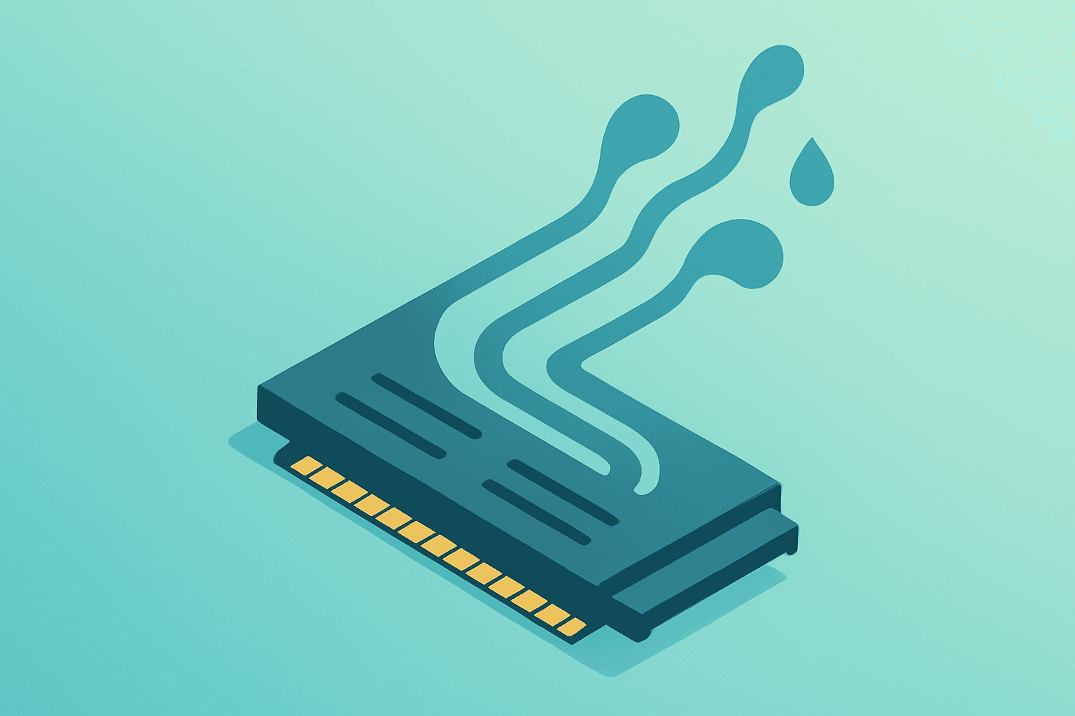 Flat vector of a server blade sprouting liquid-cooling channels representing Jabil Q2 earnings and AI data-center demand.