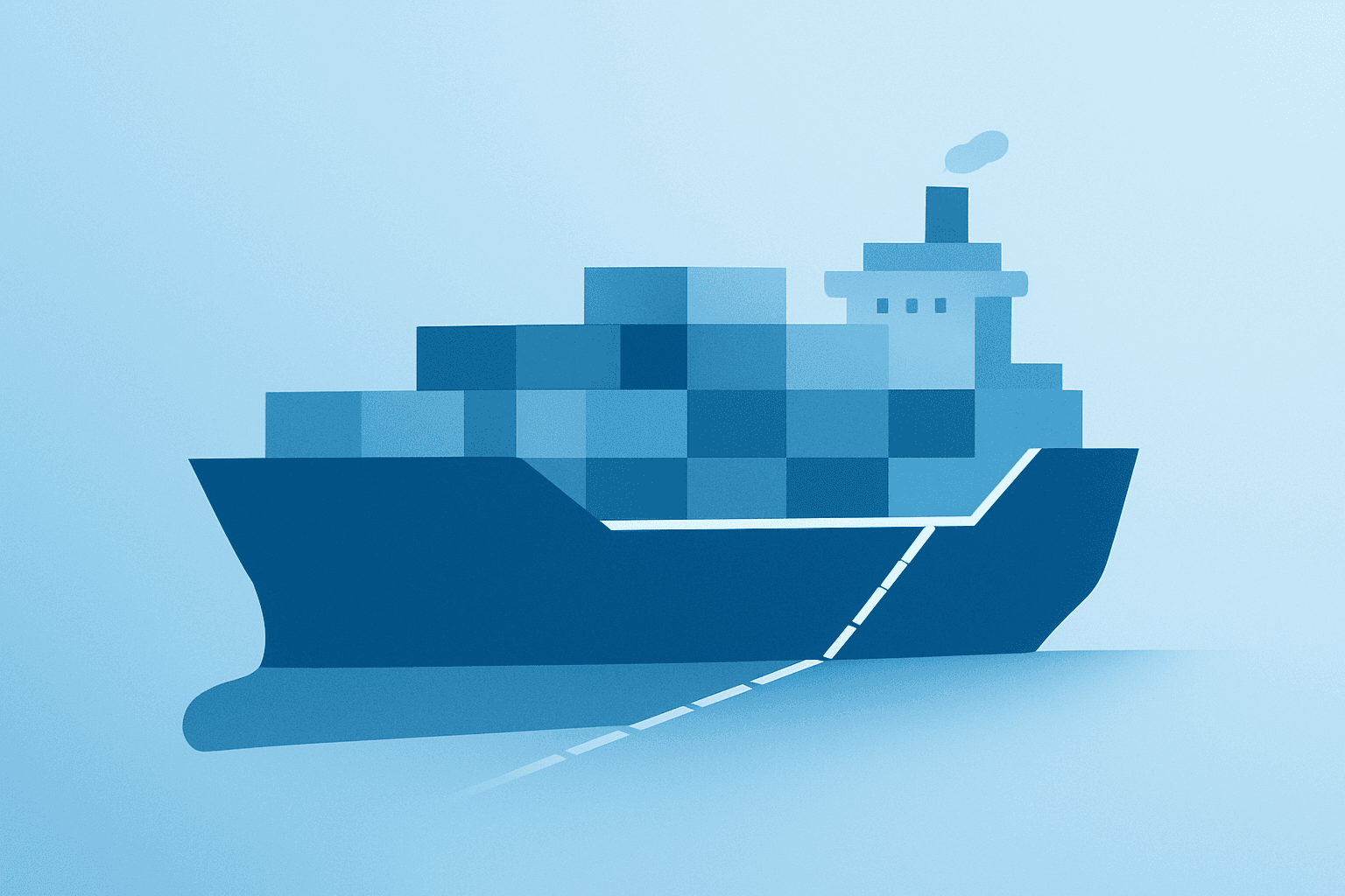 Flat vector container ship under a regulatory inspection band symbolizing Hapag-Lloyd ZIM acquisition scrutiny.