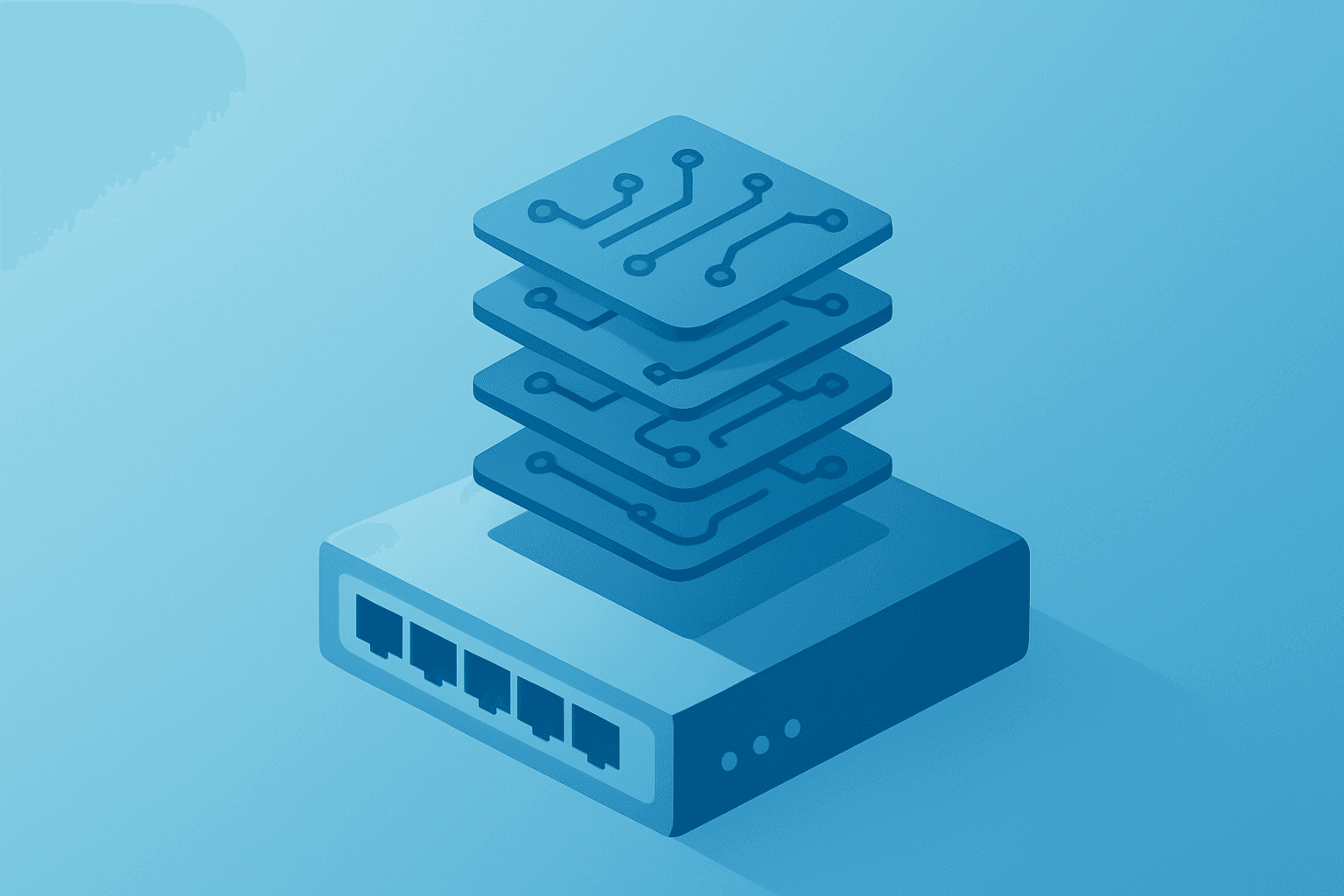 Flat filled vector of a network switch with stacked circuits to symbolize Broadcom earnings AI backlog and growth.