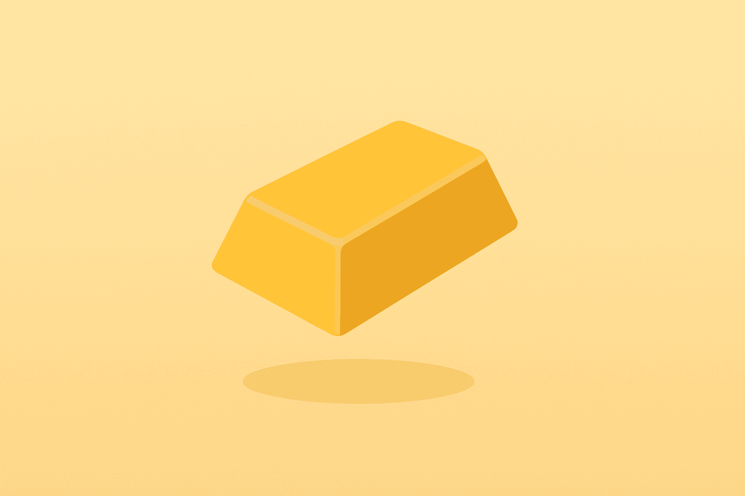 Flat vector gold ingot buoyed by a soft lift on a cobalt-silver gradient reflecting the gold price rally.