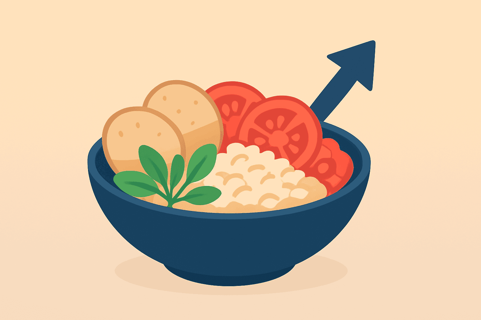 Flat filled vector of a Mediterranean restaurant bowl expanding forward to symbolize CAVA Q1 Results and lifted guidance.