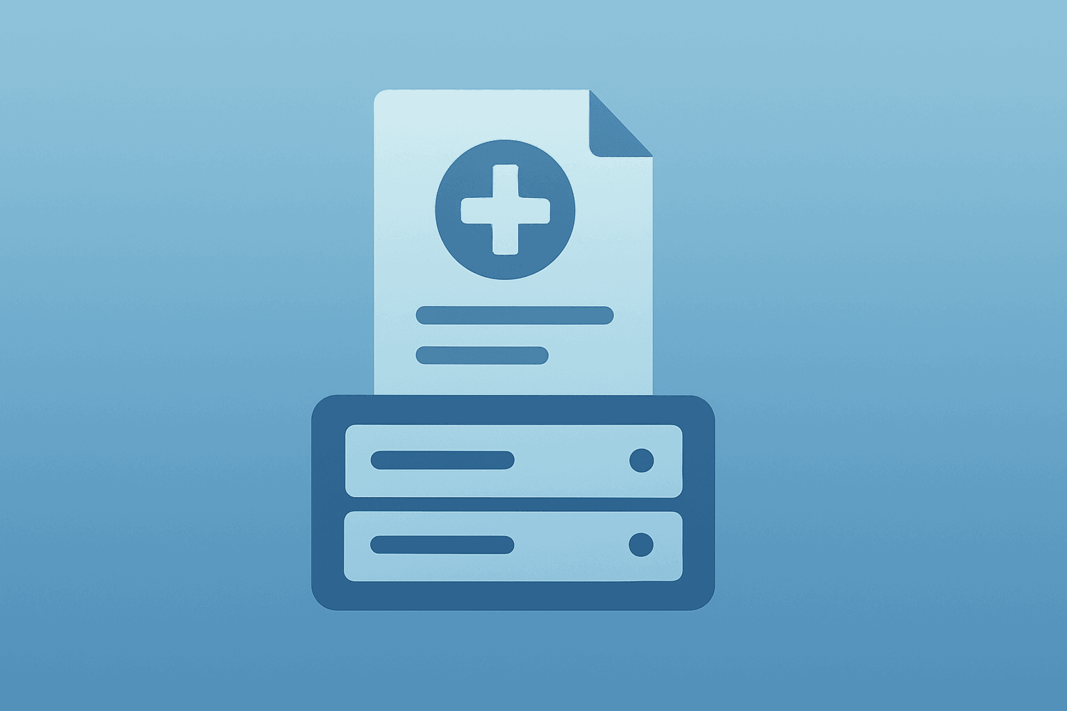 Flat-vector of merged medical file and server showing electronic prior authorization standardization and streamlined workflows.