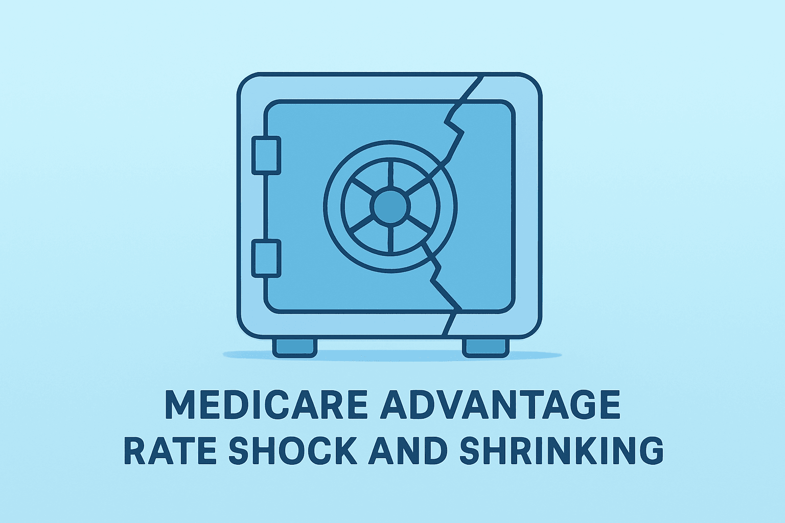 Flat vector claims vault with fractured shell symbolizing UnitedHealth stock plunge amid CMS Medicare Advantage rate shock.