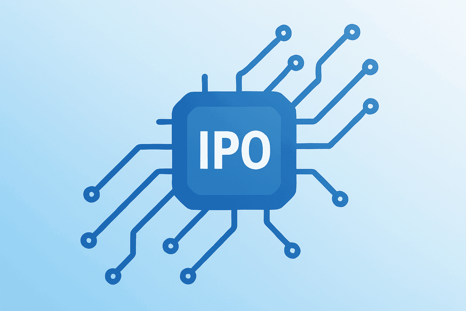 Flat filled vector of an AI chip with expanding circuitry to symbolize the Cerebras IPO upsizing and investor demand.