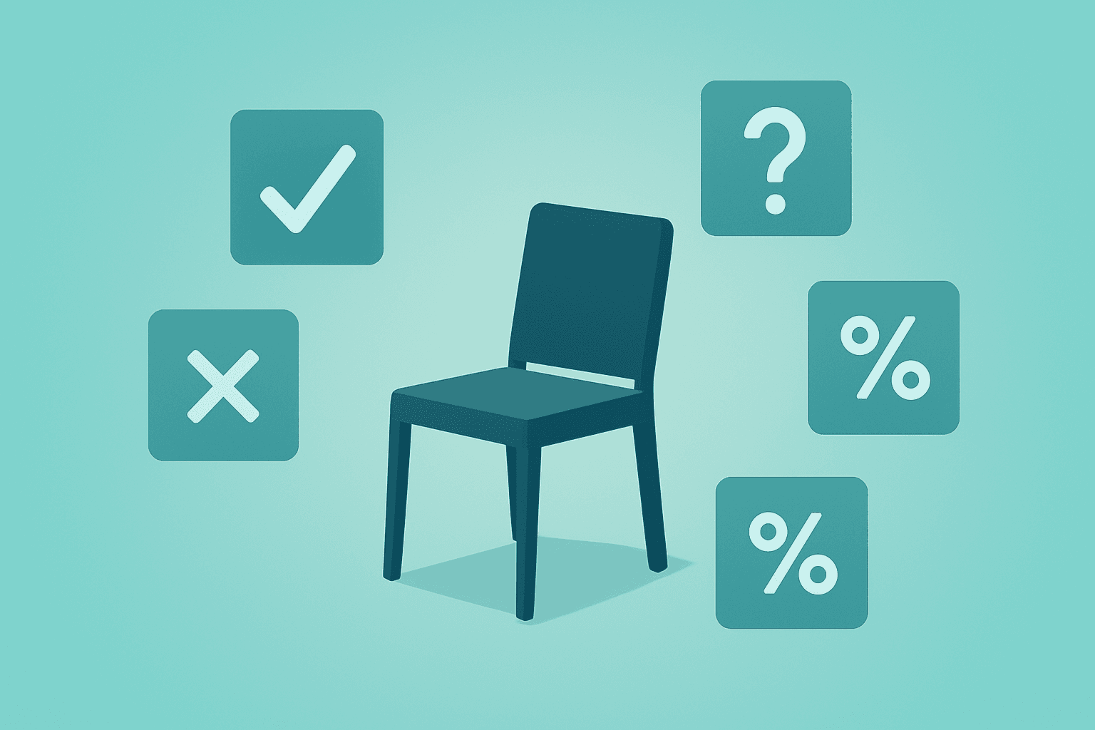 Flat vector of an empty chair with shifting tiles symbolizing prediction-market momentum for Fed chair candidates.