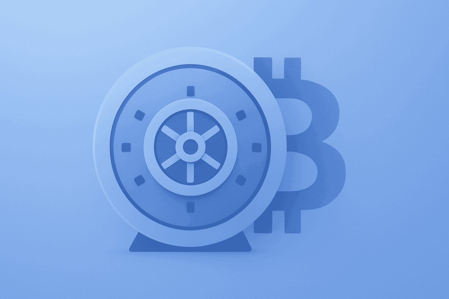 Flat filled vector of a vault fused with a dimming bitcoin block to symbolize MSTR earnings and active bitcoin policy.