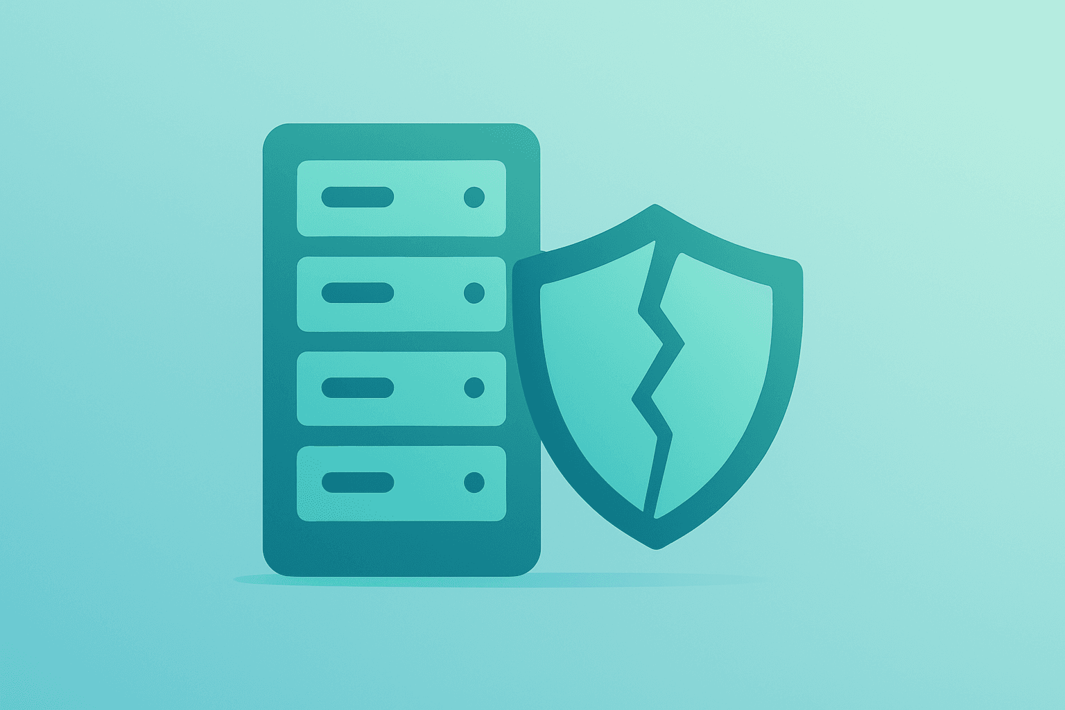 Flat filled vector of a server rack with a fractured shield symbolizing ServiceNow Armis acquisition and market risk.