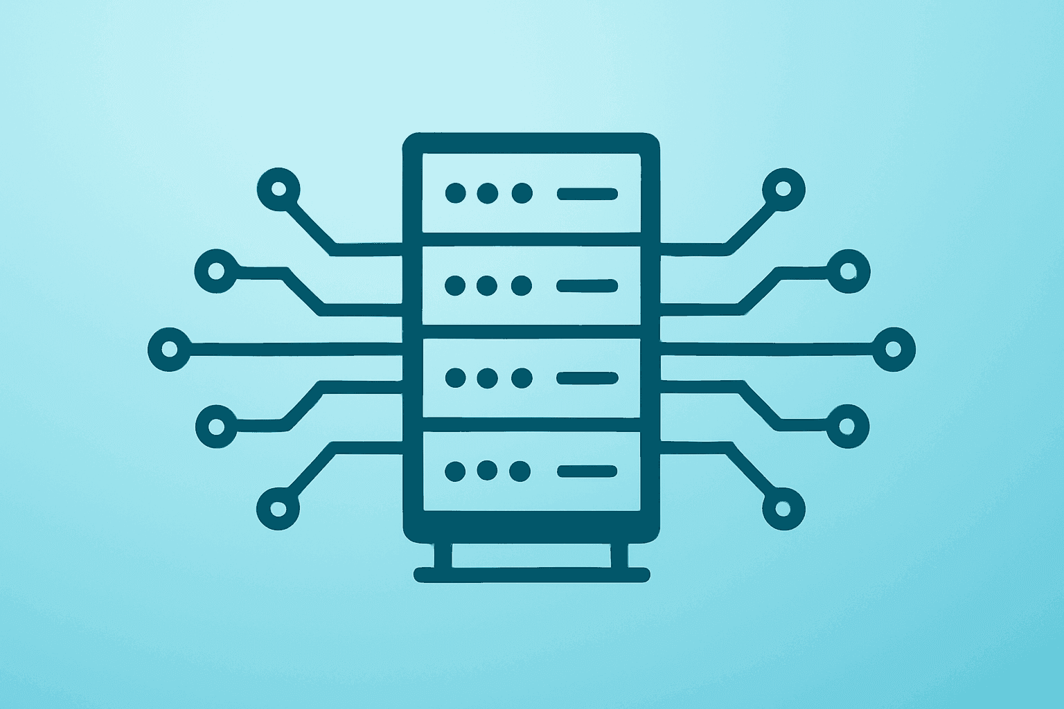 Flat centered vector of a server rack expanding a circuit lattice to symbolize Google Gemini AI enterprise integration.