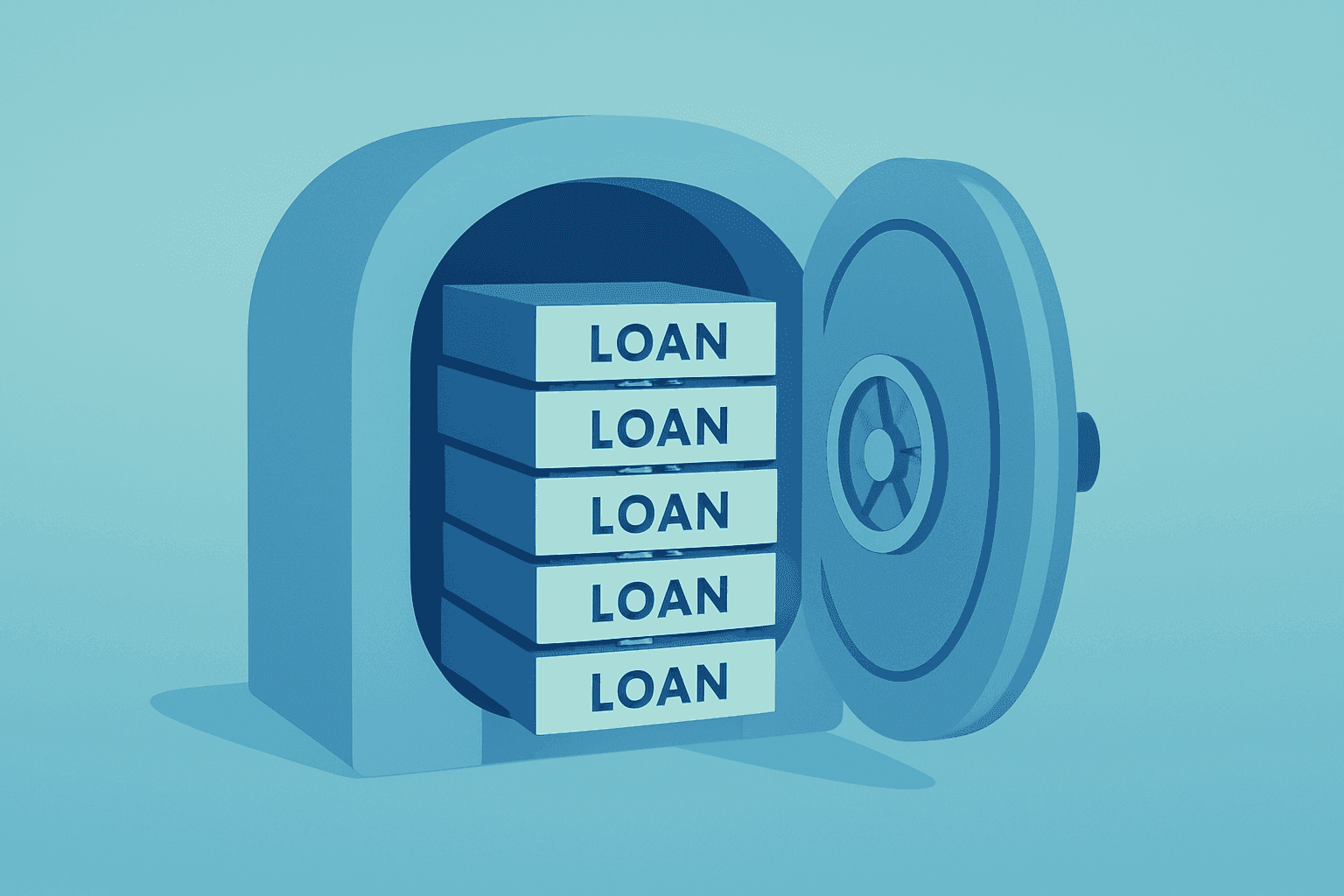 Flat-vector of a bank vault swelling with stacked loan ledgers representing KeyCorp Q3 2026 earnings and loan-growth focus.
