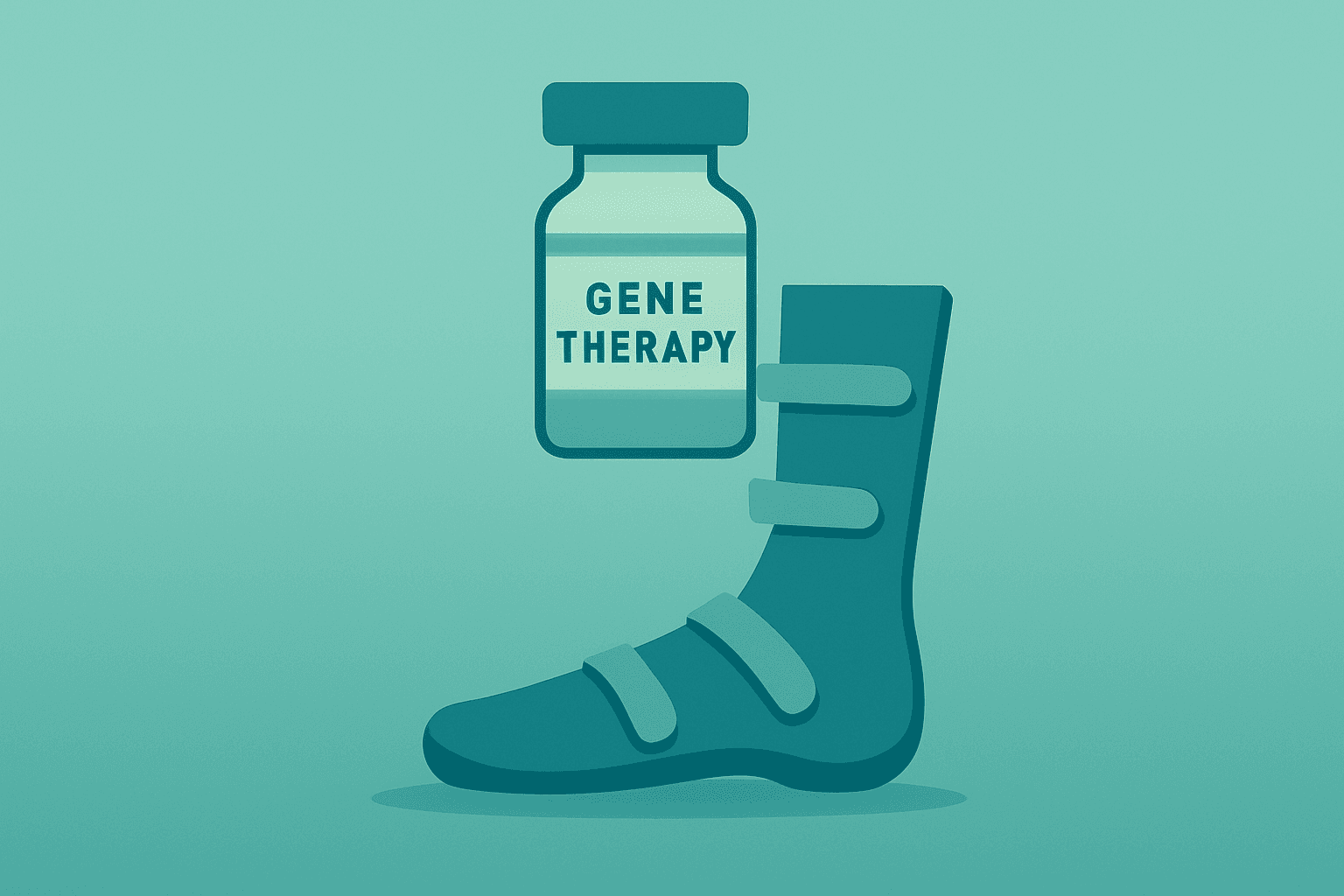 Flat vector of a gene-therapy vial fused with a mobility brace, evoking treatment durability and Sarepta Elevidys results.