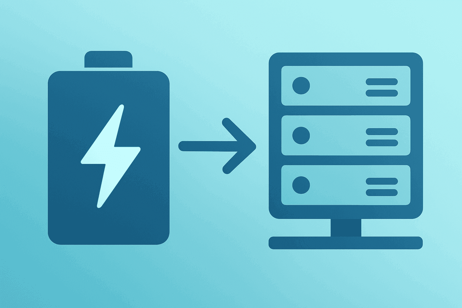 Flat-vector server and battery symbol representing GM energy storage pivot to AI data-center and grid batteries