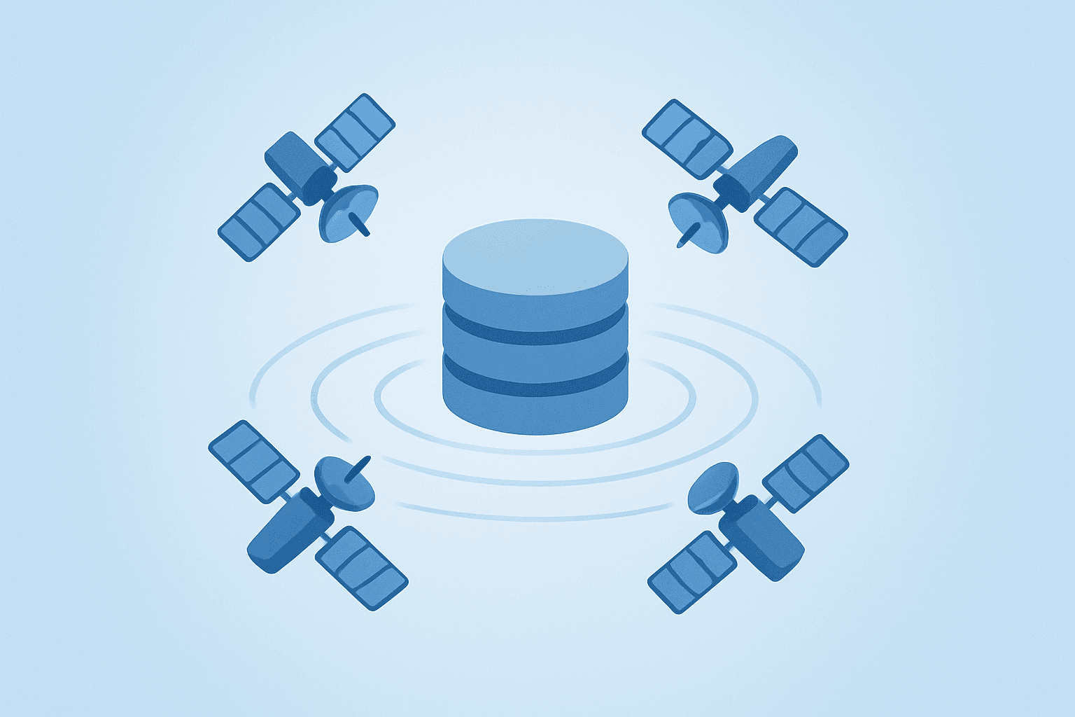 Flat vector of a satellite fleet and data hub symbolizing Planet Labs Q3 earnings and FY26 guidance lift.