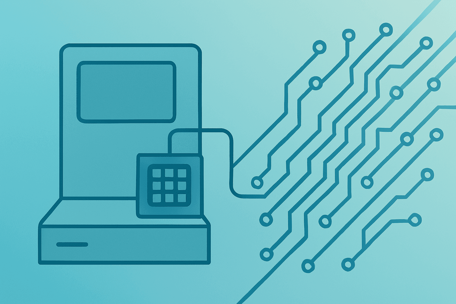 Flat vector of a tester bay unfolding expanding circuitry to symbolize Teradyne earnings driven by AI data-center demand.