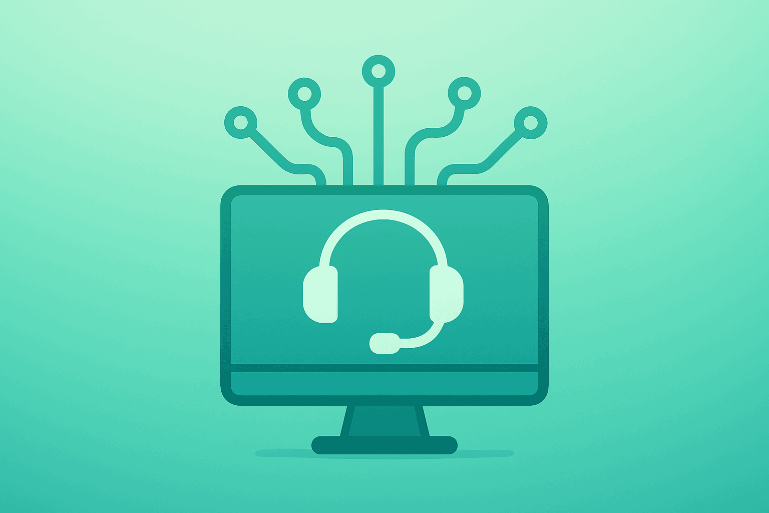 Flat vector helpdesk console with expanding agent circuits on an emerald-pearl gradient for Salesforce to Acquire Fin