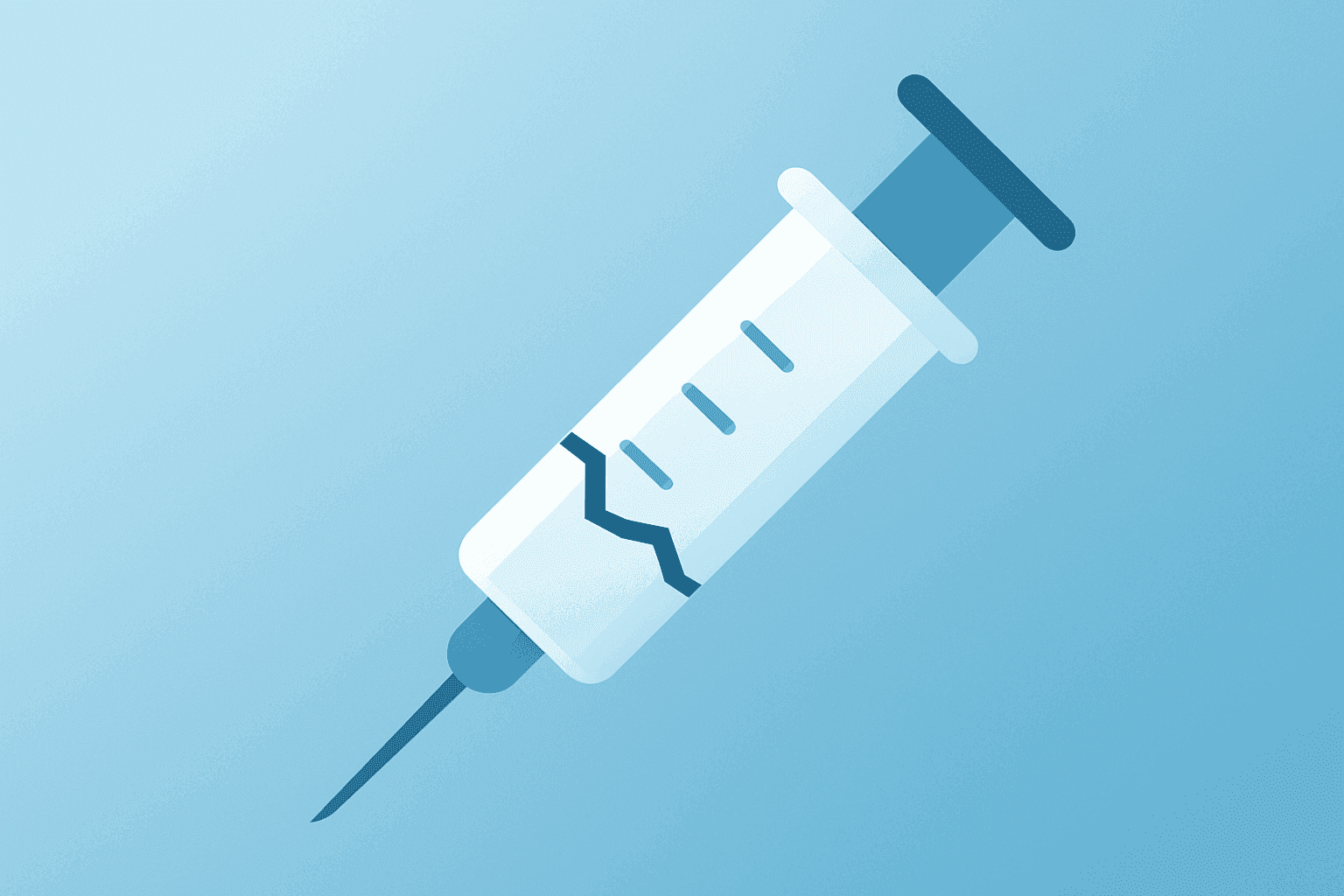 Flat filled vector of a stylized syringe with fractured seam symbolizing Novo Nordisk Sues Eli Lilly over omitted GLP-1 data