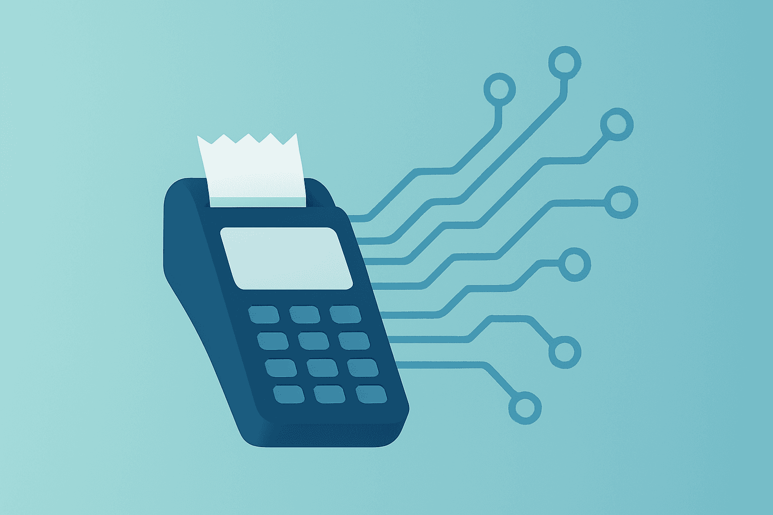Flat filled vector of a merchant terminal fused with an expanding circuit to symbolize Global Payments earnings and buybacks.