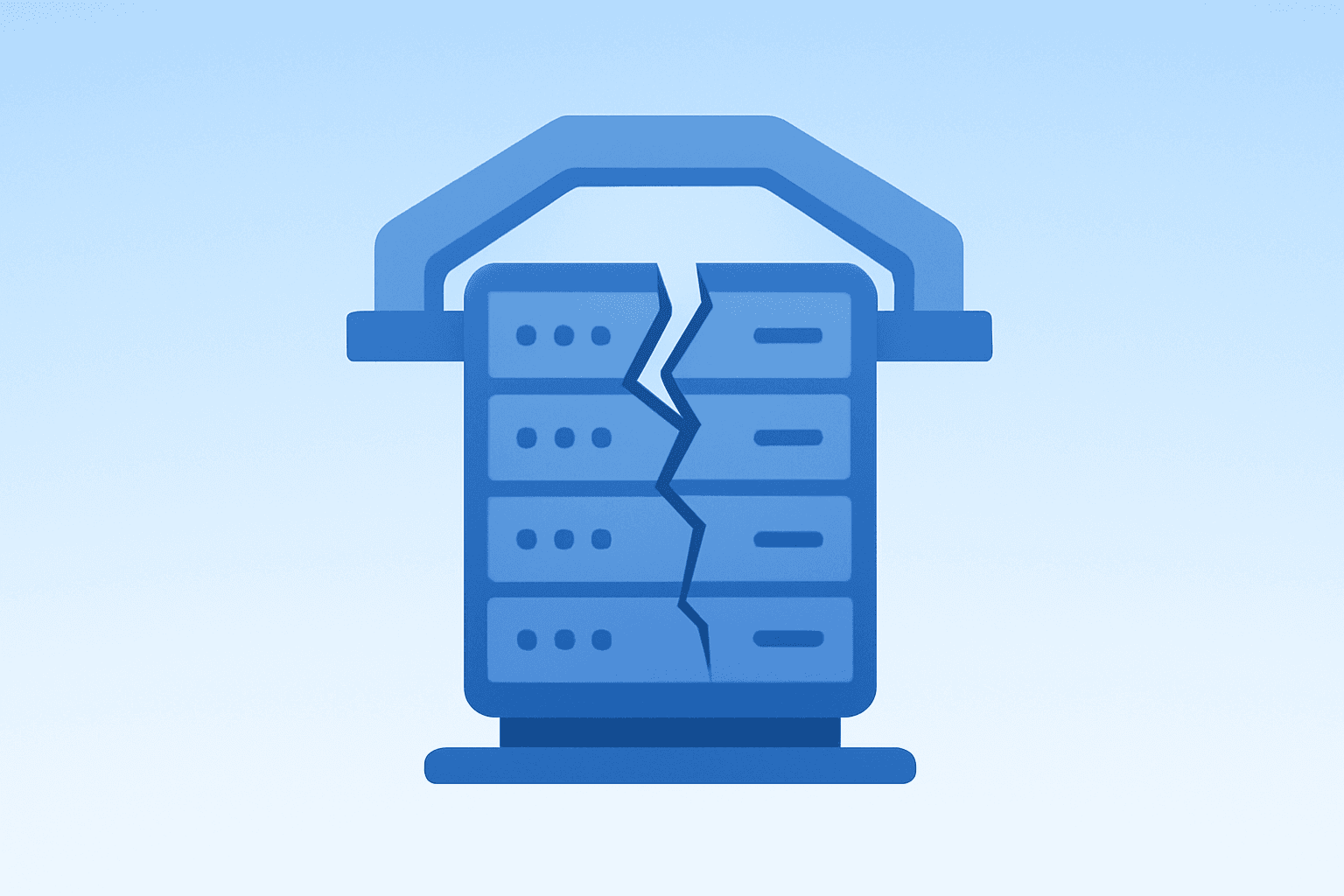 Flat filled vector of a fractured server rack representing CoreWeave stock financing strain and sponsor bridge backstop.