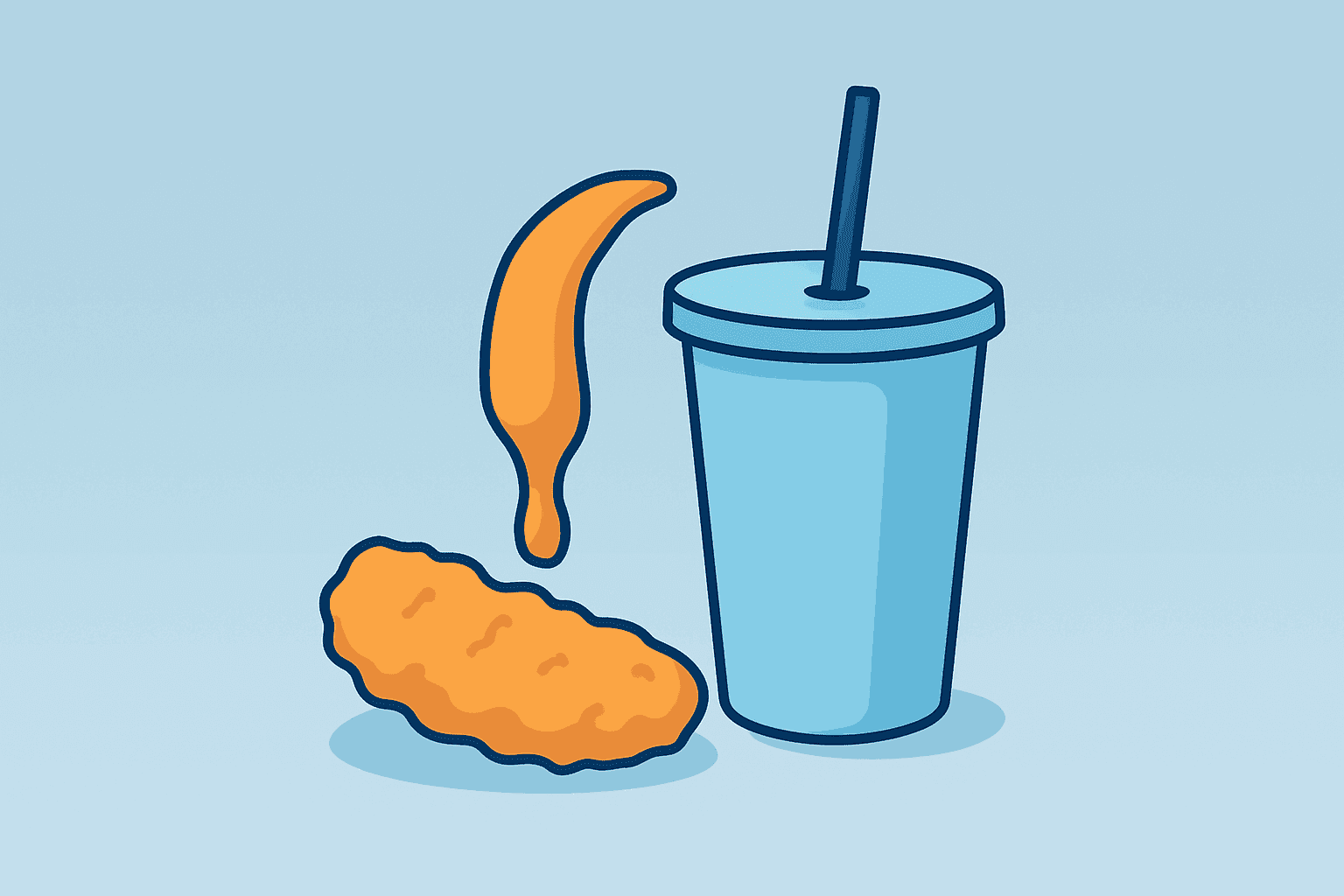Flat vector cover showing a chicken tender with an expanding sauce cascade and a drink cup showcasing the KFC brand refresh.