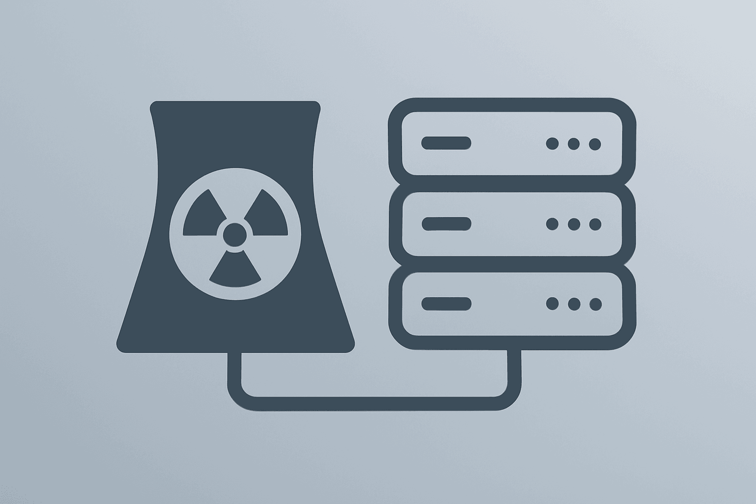 Flat vector of a fast reactor linked to a compute rack symbolizing the Oklo NVIDIA partnership and nuclear AI research.