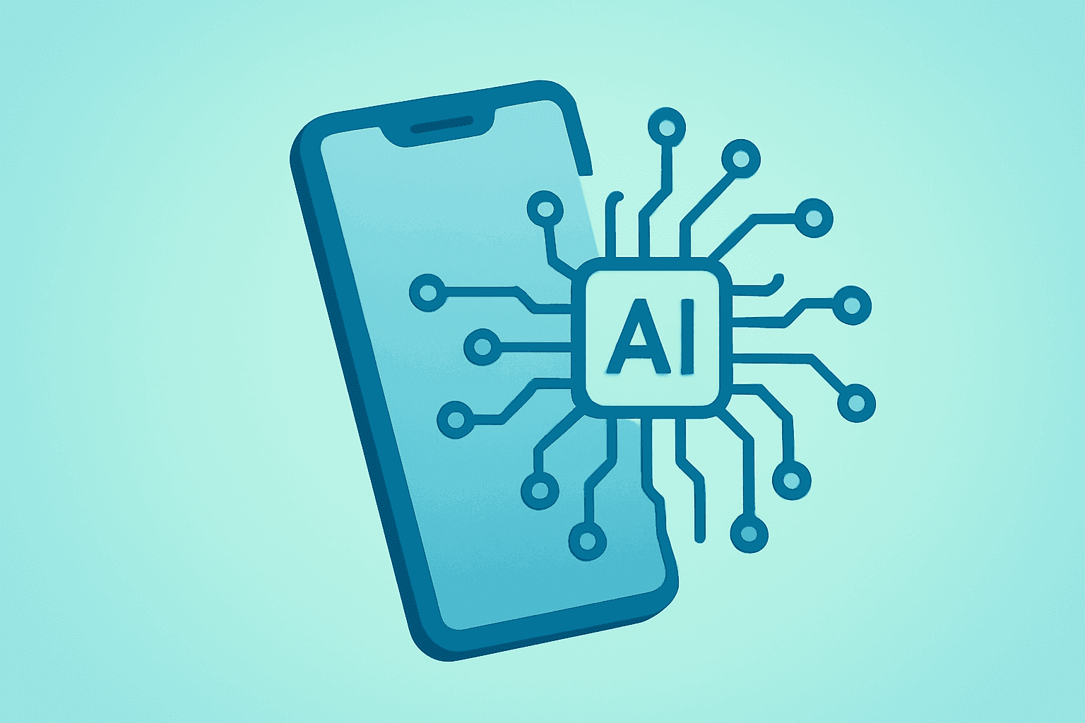 Flat vector smartphone cluster merging with a glowing circuit to evoke Apple price target tied to AI strategy.