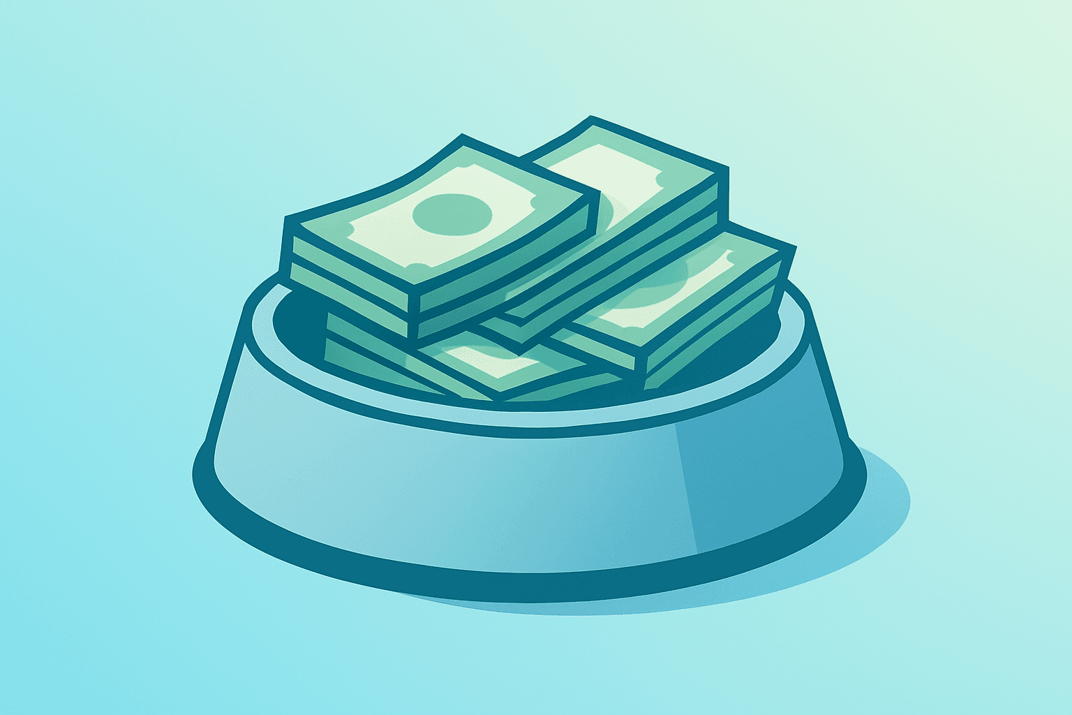 Flat filled vector of a pet bowl swelling with layered cash ribbons to symbolize Chewy earnings and margin expansion.