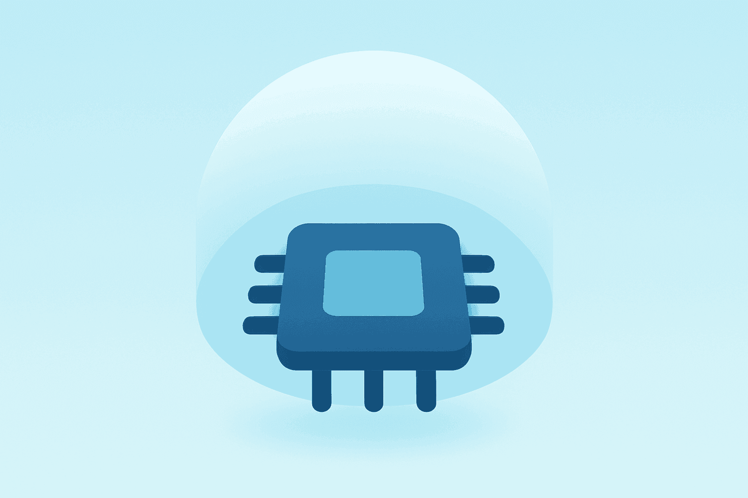 Flat vector of a chip dimming under a safety shroud to suggest AI slowdown fears and market stress, smooth gradient.