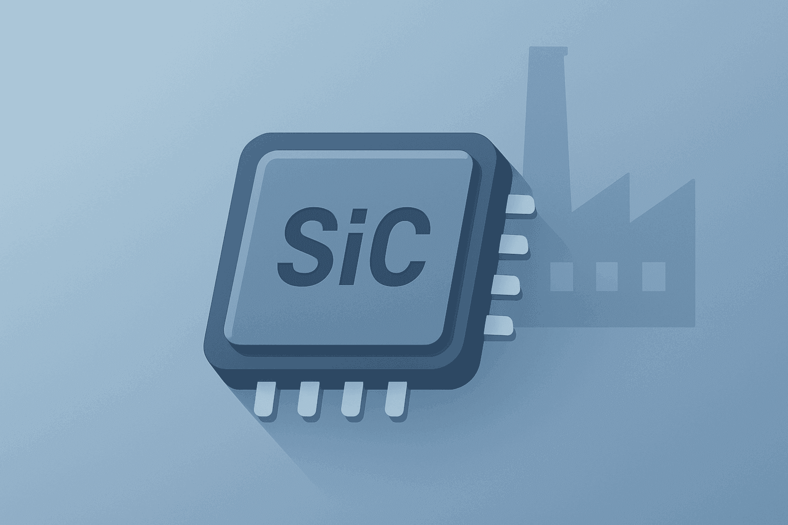 Flat vector chip merging with a factory motif to symbolize the Navitas Army contract and domestic 10 kV SiC manufacturing.