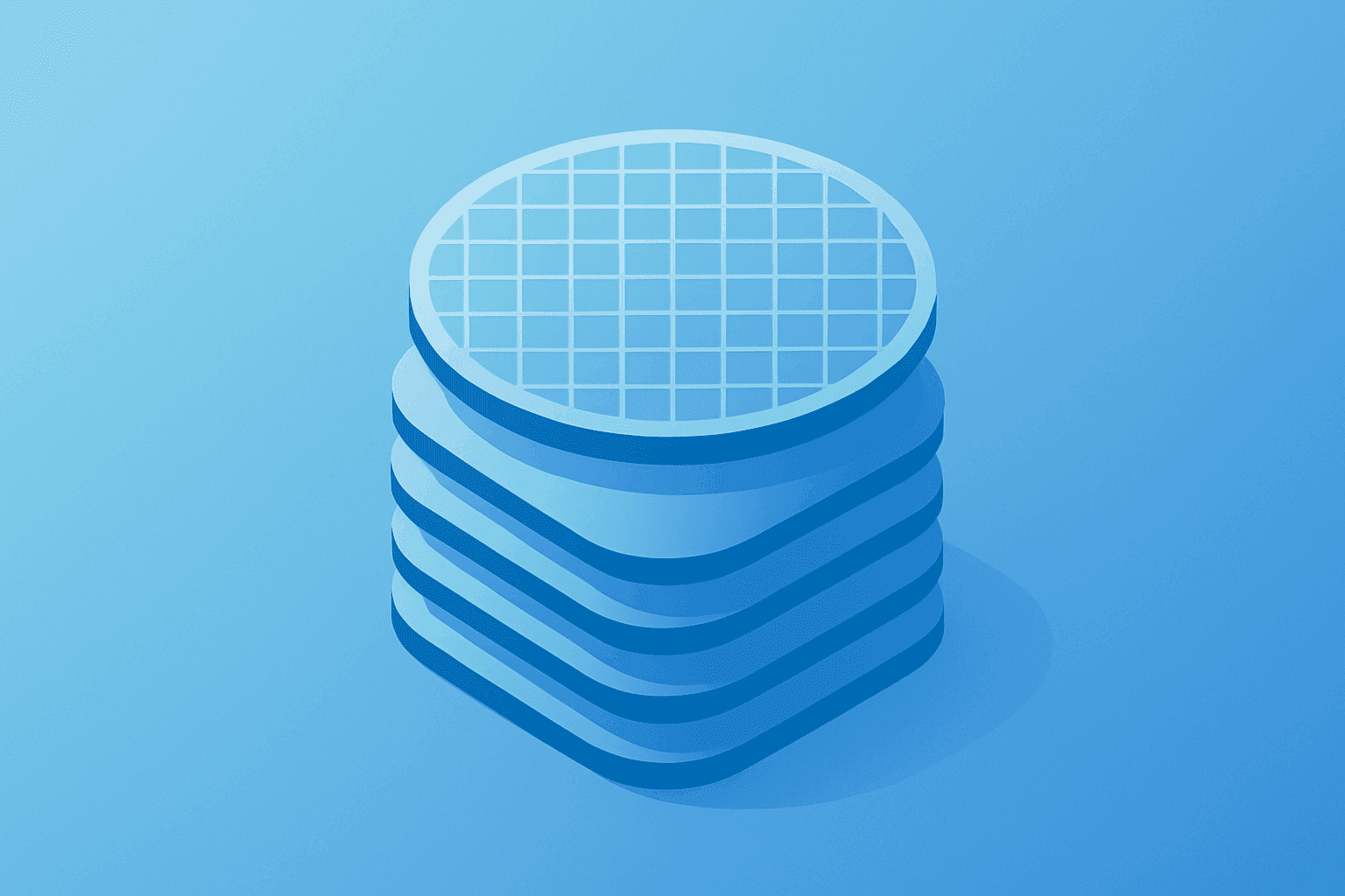 Centered flat filled vector of a silicon wafer stack scaling to represent Tower Semiconductor earnings and SiPho demand.