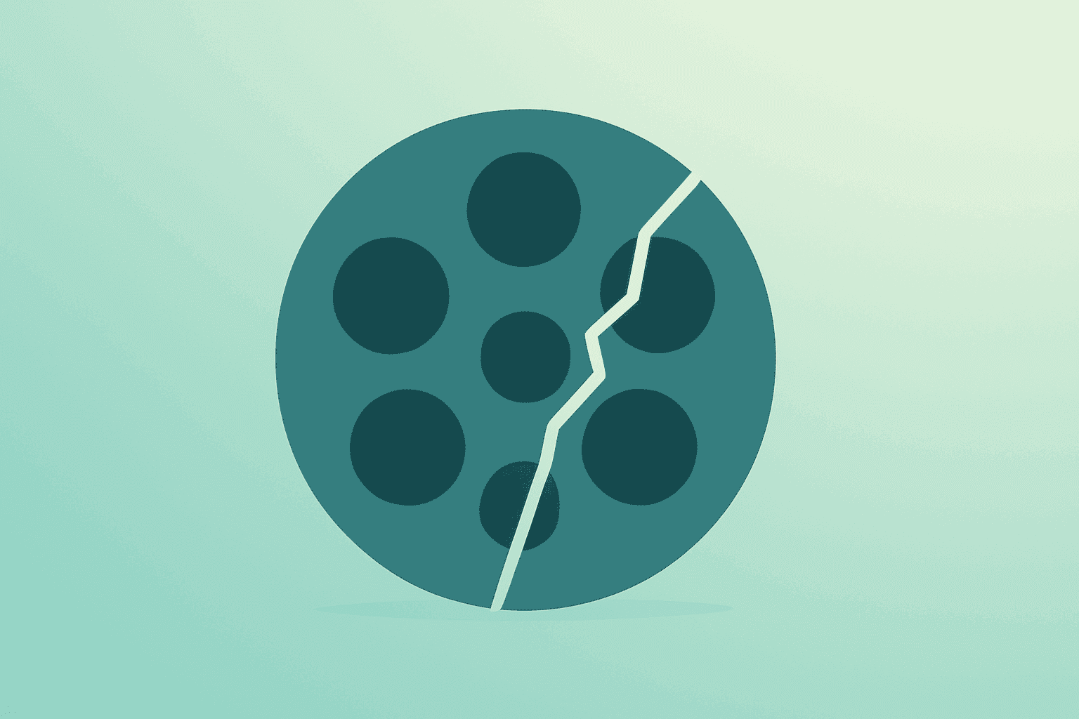 Flat filled vector of a fractured film reel representing the Paramount Warner Bros merger lawsuit and looming legal obstruction.