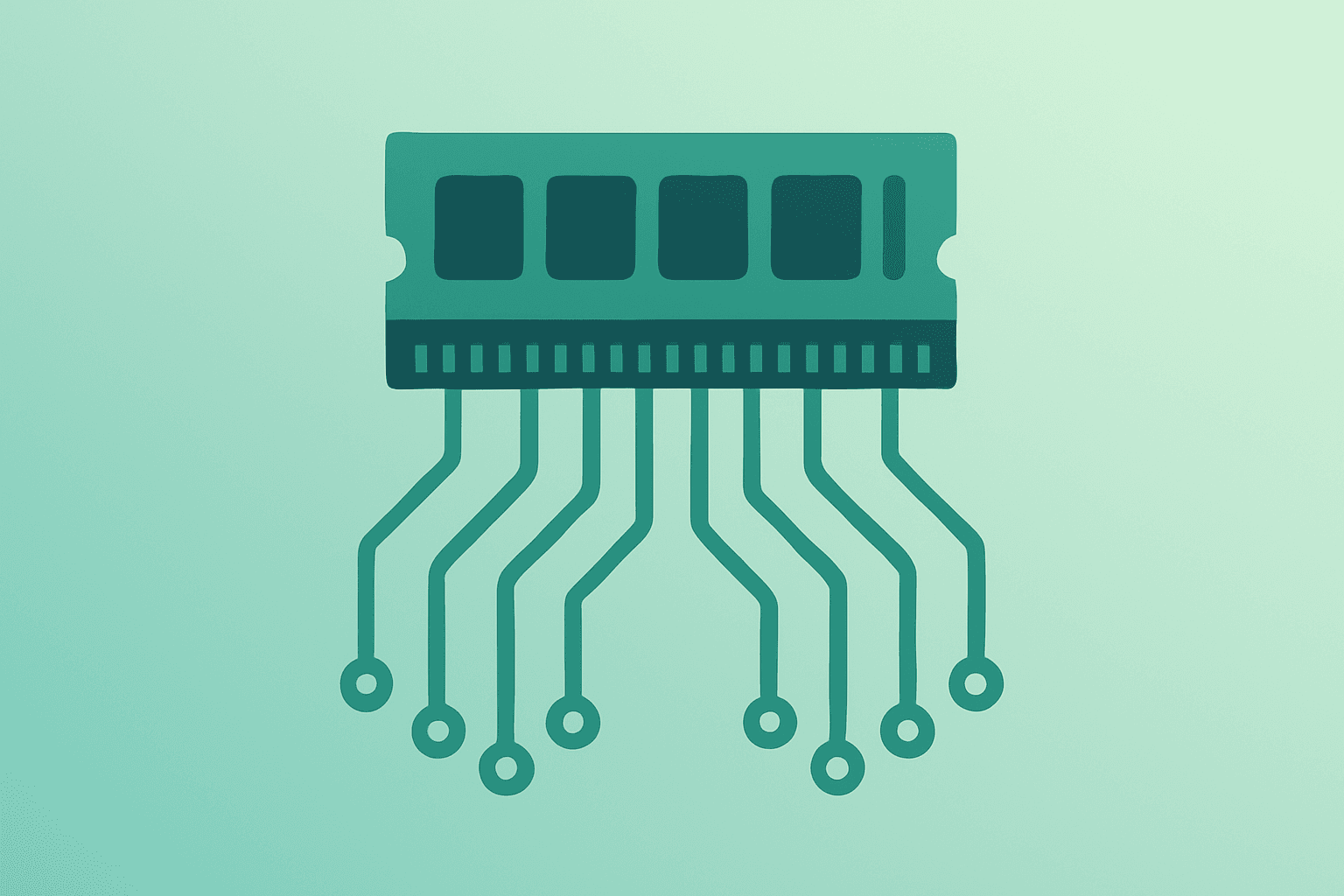 Flat vector of a stacked memory module with expanding circuit traces symbolizing HBM demand and Micron Q1 earnings.