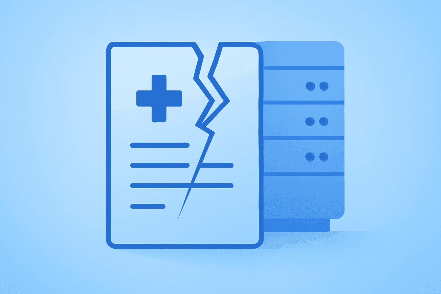 Flat vector of a fractured trial dossier beside a research server, symbolizing Capricor Therapeutics class action.