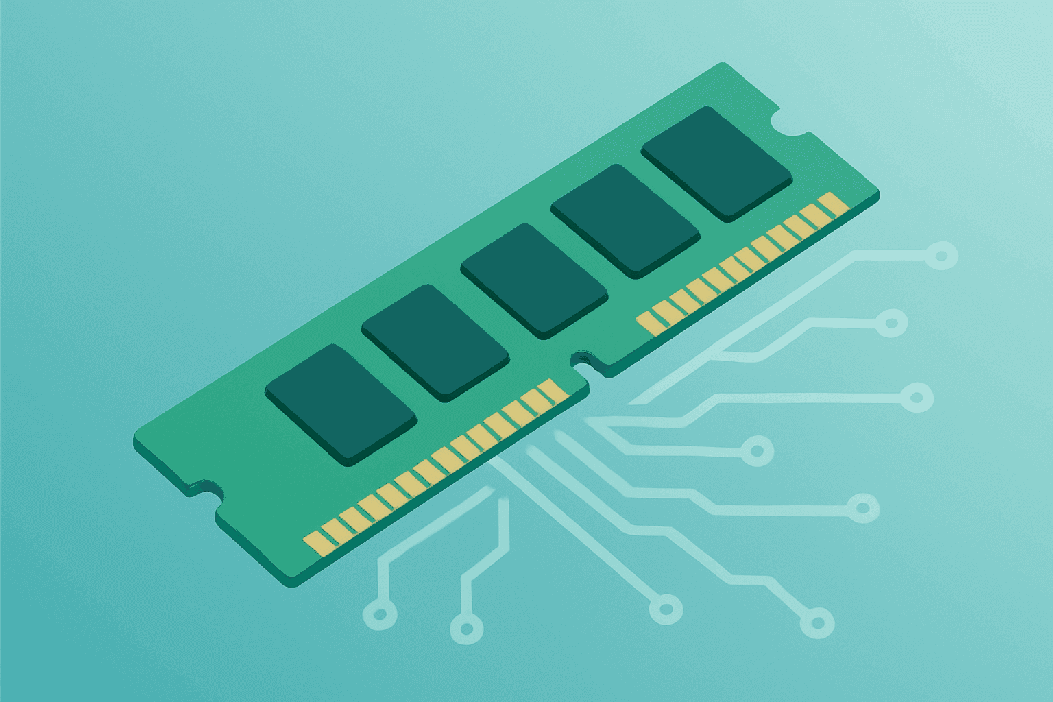 Flat vector of a memory chip morphing into a stacked circuit, symbolizing memory stocks rebound and analyst-led dip-buying.