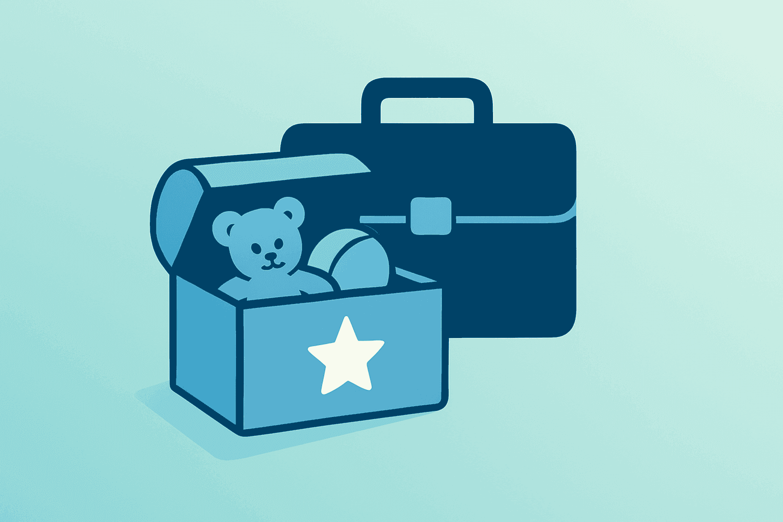 Flat-vector toy chest blended with a financial adviser briefcase to symbolize Mattel sale pressure and strategic review.