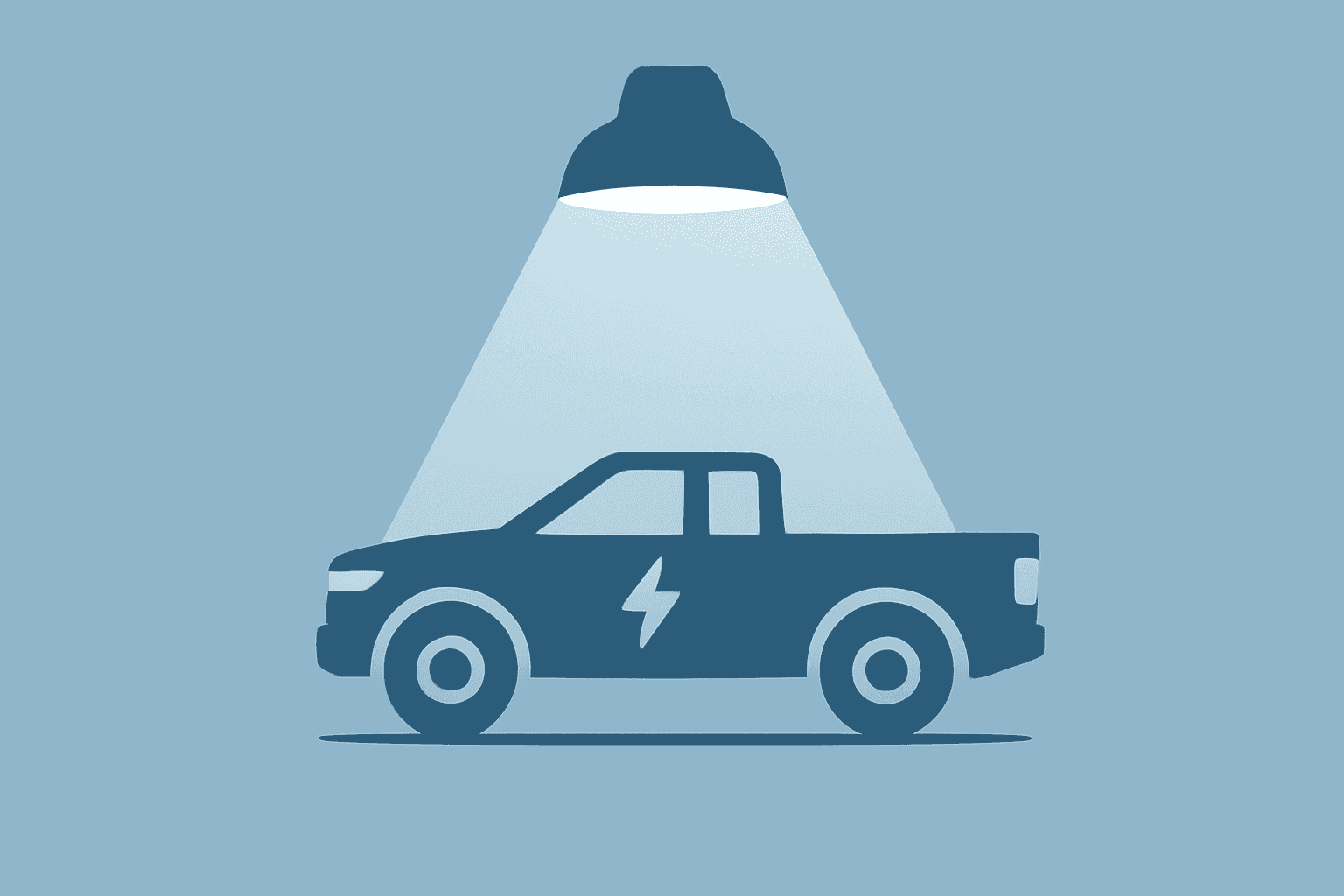 Flat vector of an electric pickup under a split spotlight representing Rivian stock optimism tempered by reaffirmed guidance.