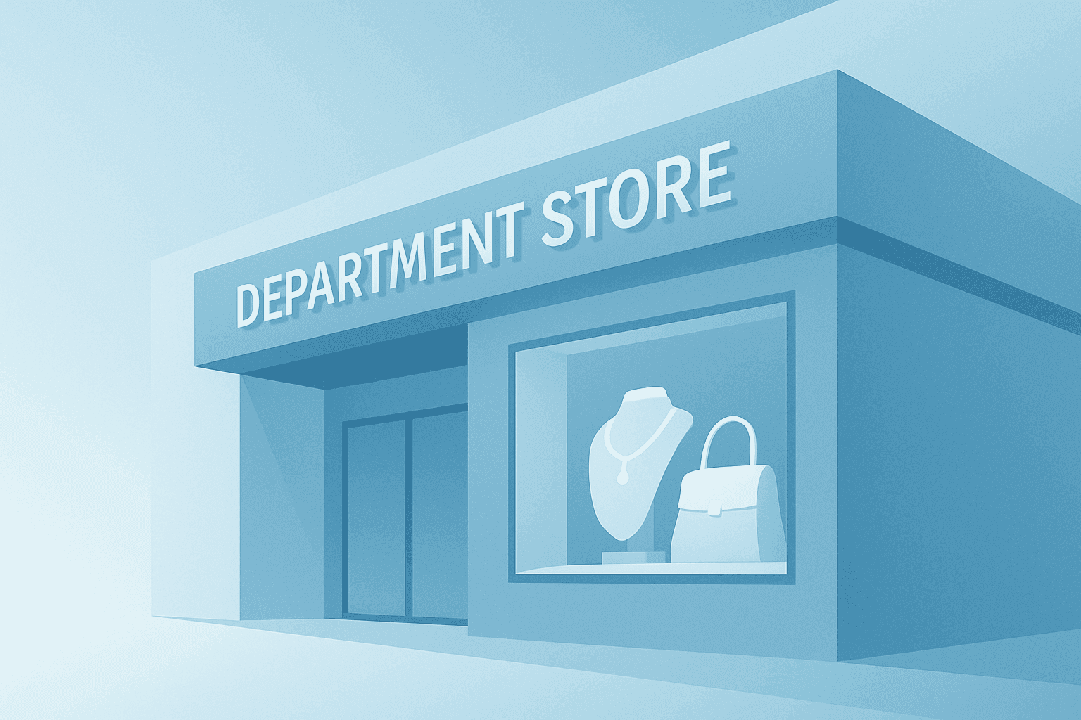 Flat vector storefront icon merging department-store facade and spotlight to represent Macy's Q1 earnings lift.