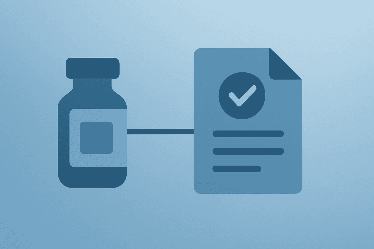 Flat filled vector of a vaccine vial blending into a document icon to symbolize Moderna FDA review and approval pathway.