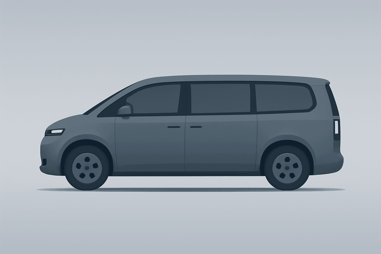 Flat vector of a purpose-built electric minivan evoking Waymo Ojai robotaxi, highlighting roomy cabin and serviceability.