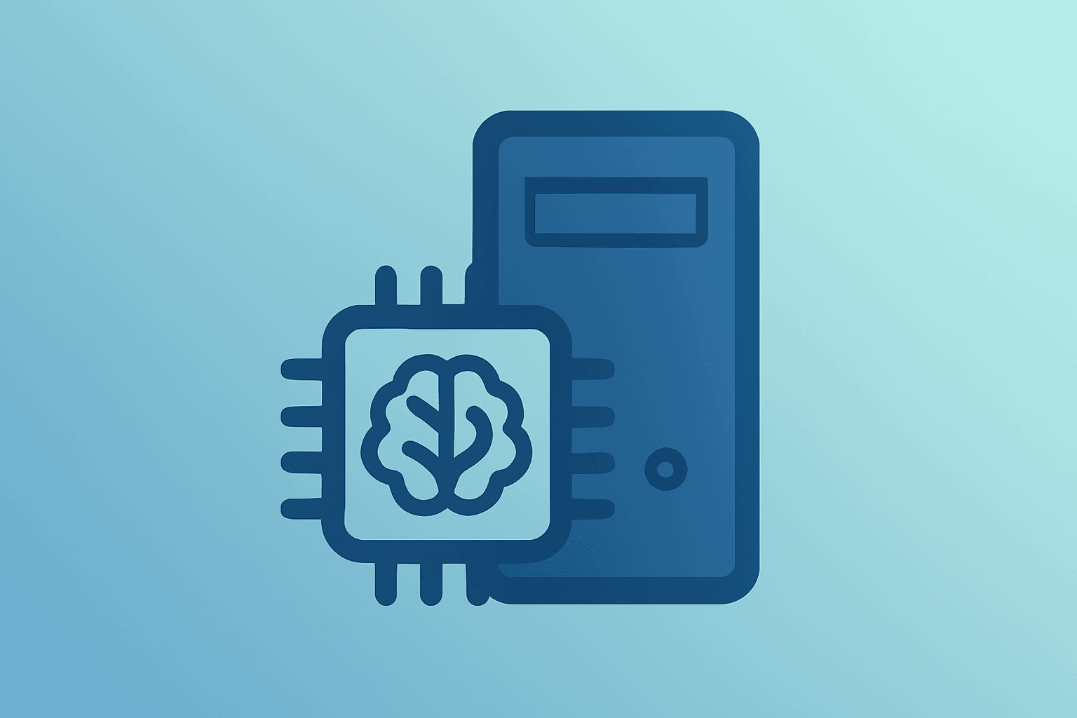 Flat vector of a silicon chip merging with a desktop tower symbolizing Apple M6 chip enabling on-device AI.