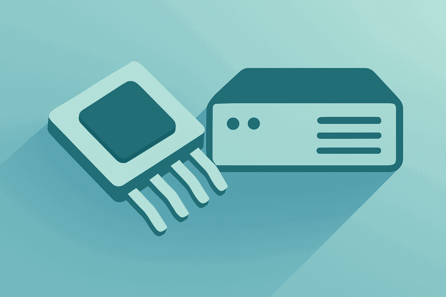 Flat vector of a power semiconductor chip fused with a server to symbolize Navitas Q2 2026 results and earnout GAAP loss.