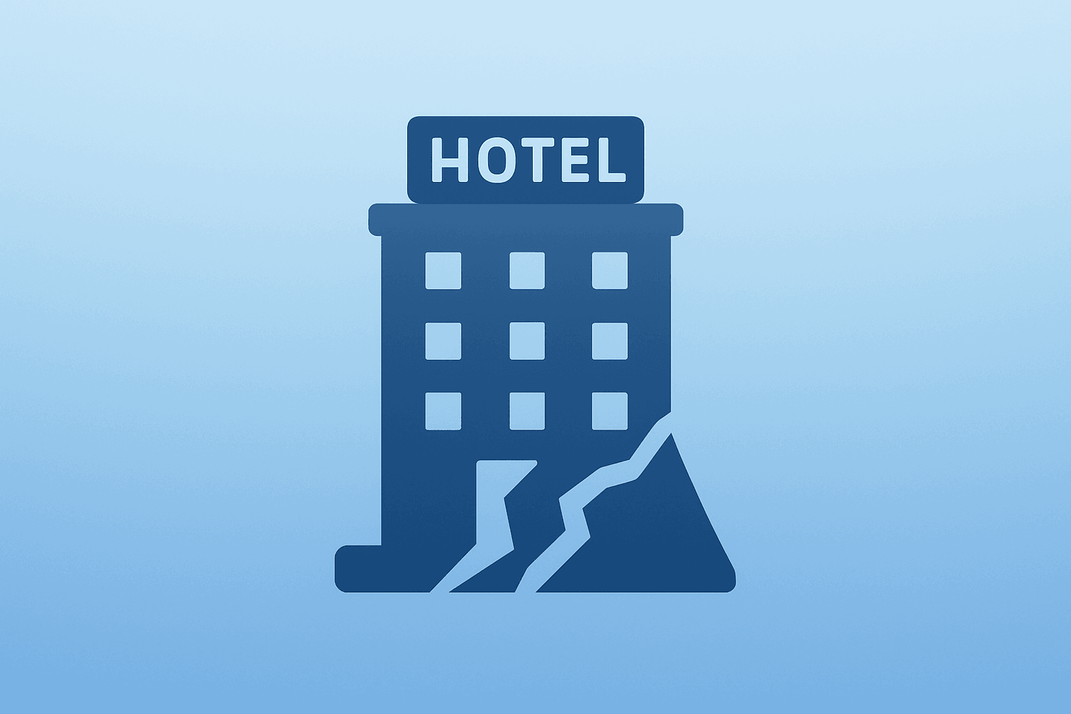 Flat filled vector hotel silhouette with fractured shell symbolizing Middle East RevPAR decline in Marriott Q2 2026 earnings.