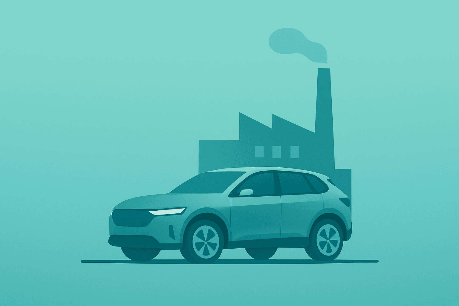 Flat vector of a compact electric SUV and factory silhouette representing the Rivian stock upgrade and capacity story.